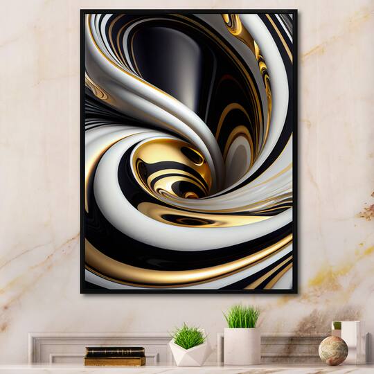 Designart 'Gold Black And White Stained Glass I' Modern Framed Canvas Wall Art